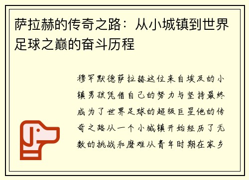 萨拉赫的传奇之路：从小城镇到世界足球之巅的奋斗历程